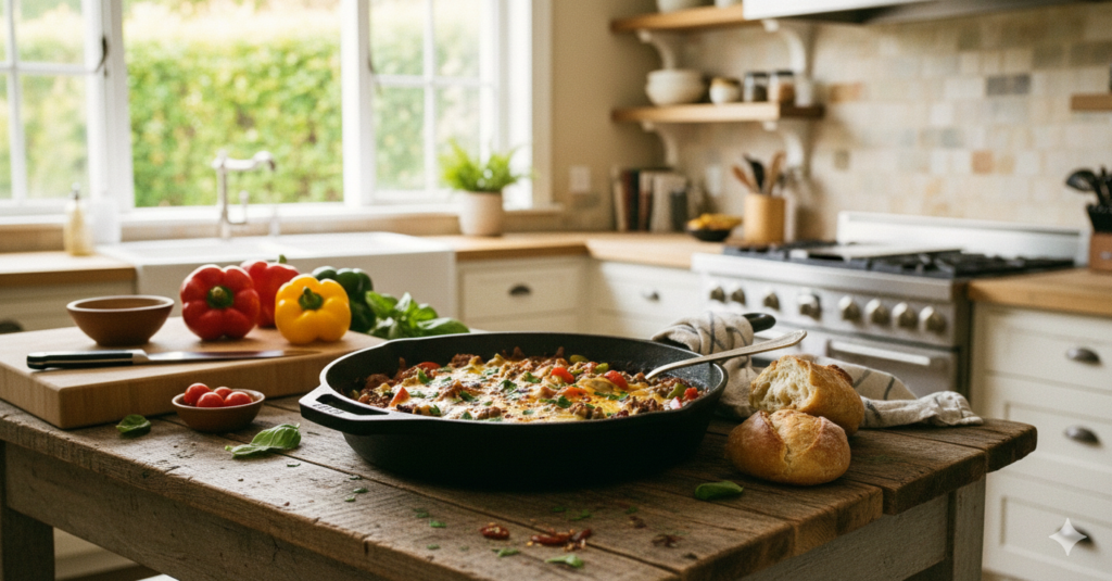  Cheesy Beef Skillet with Bell Peppers
