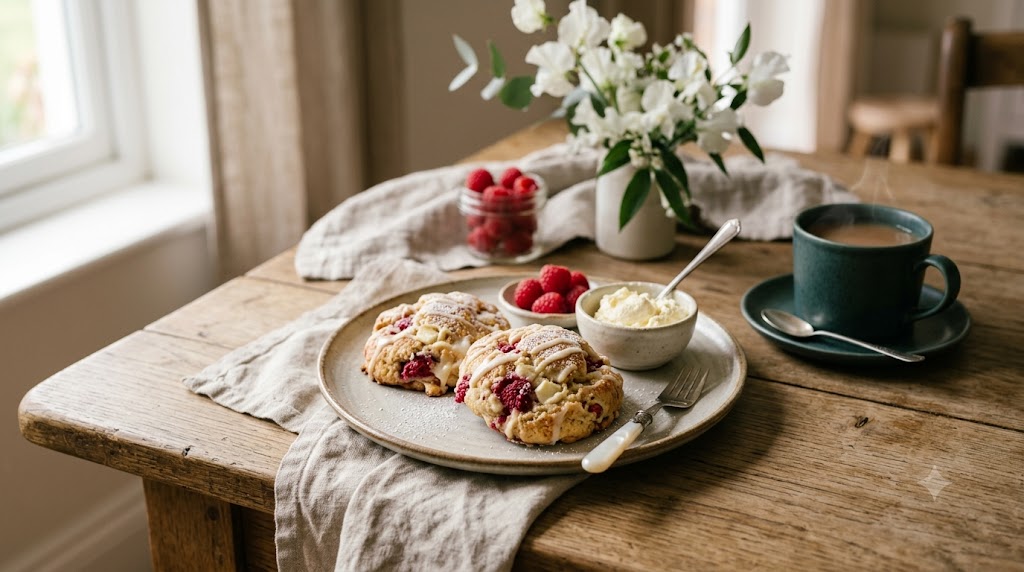 Raspberry white chocolate scones